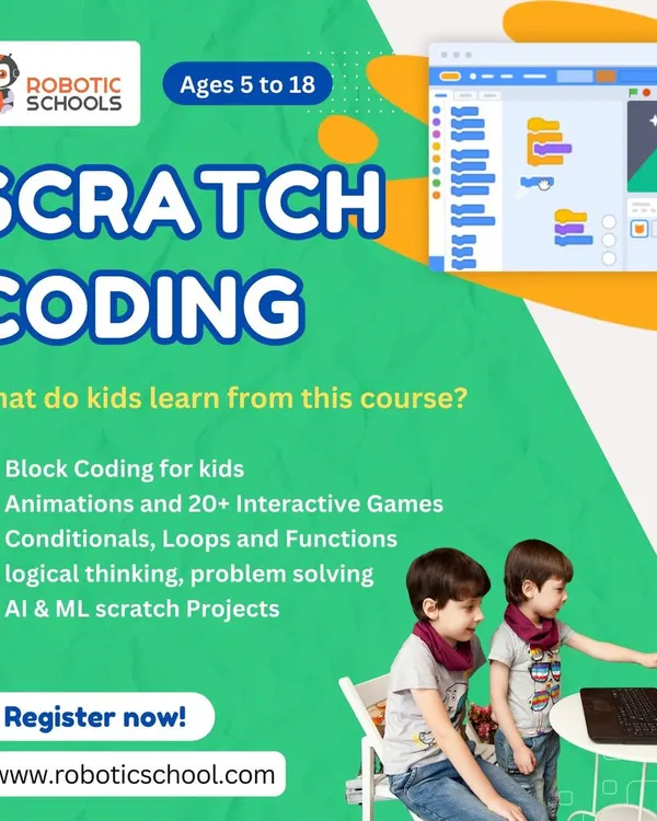 My Scratch Coding course is perfect for beginners aged 5 and up. Kids learn the fundamentals of programming by dragging and dropping code blocks to create their own interactive games, animations, and even AI projects.
