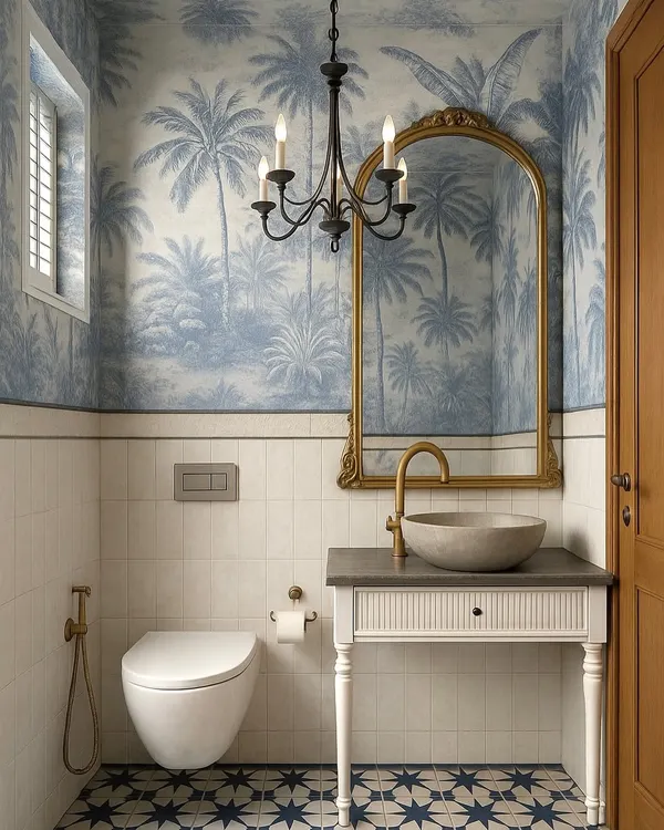 This powder room features a stunning blue palm tree wallpaper, creating a tropical and transportive feel. I paired it with a vintage-style vanity, a stone washbasin, and patterned floor tiles to complete the eclectic and memorable look.