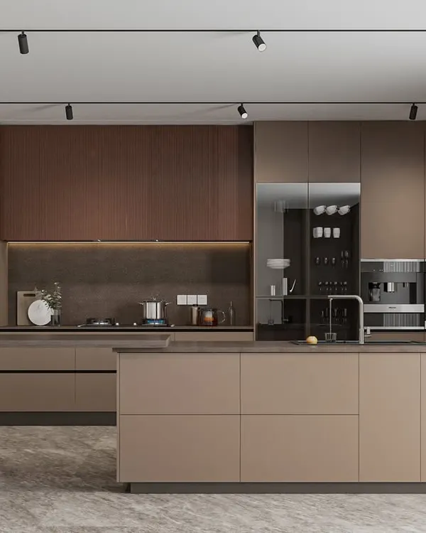 This is a full view of my Seamless Series design, featuring a large central island with an integrated sink. The layout provides ample workspace and storage, combining earthy brown tones with fluted paneling and dark accents for a sophisticated, modern look.