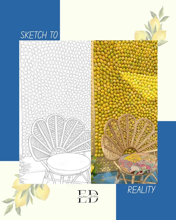 From sketch to reality: a design board showing the concept for a lemon wall backdrop and a cane peacock chair, alongside the final, beautifully executed setup. This illustrates the journey of bringing a creative vision to life.