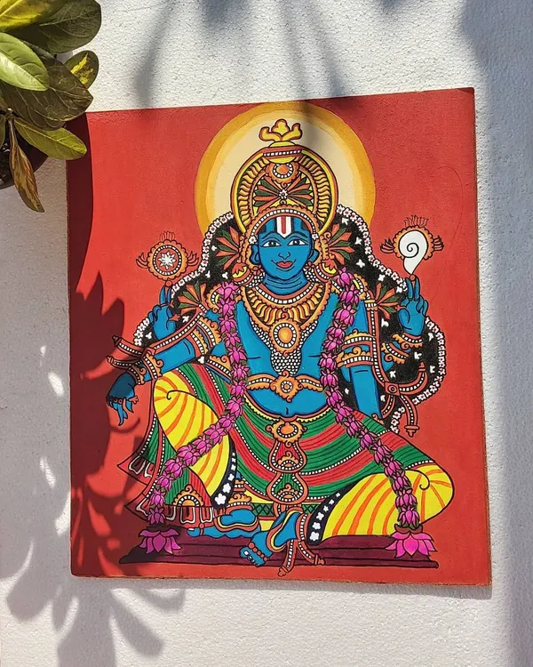 This is my 14x16 inch painting of Sri Mahavishnu, the protector of the universe. I used the traditional five colors of Kerala murals to depict his calm and powerful form, seated on a lotus.