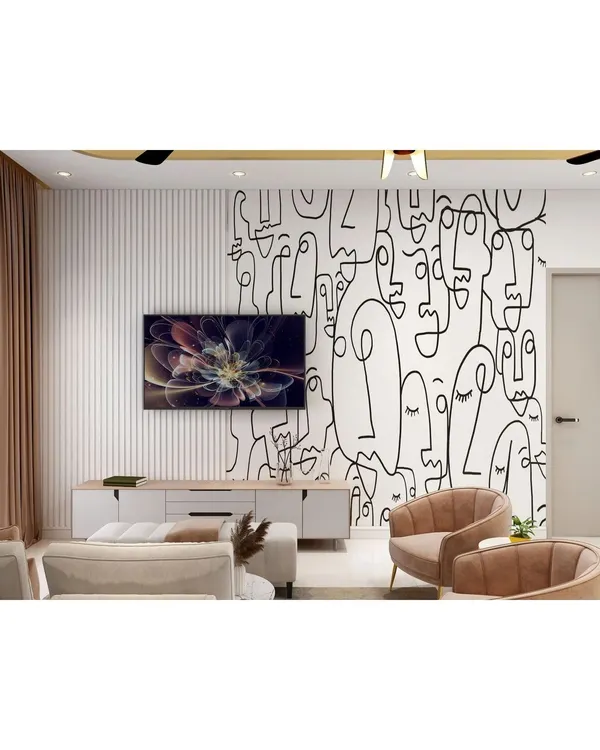 The living room is where life's precious moments unfold. This space, with its artistic wallpaper and comfortable seating, is designed for making memories.