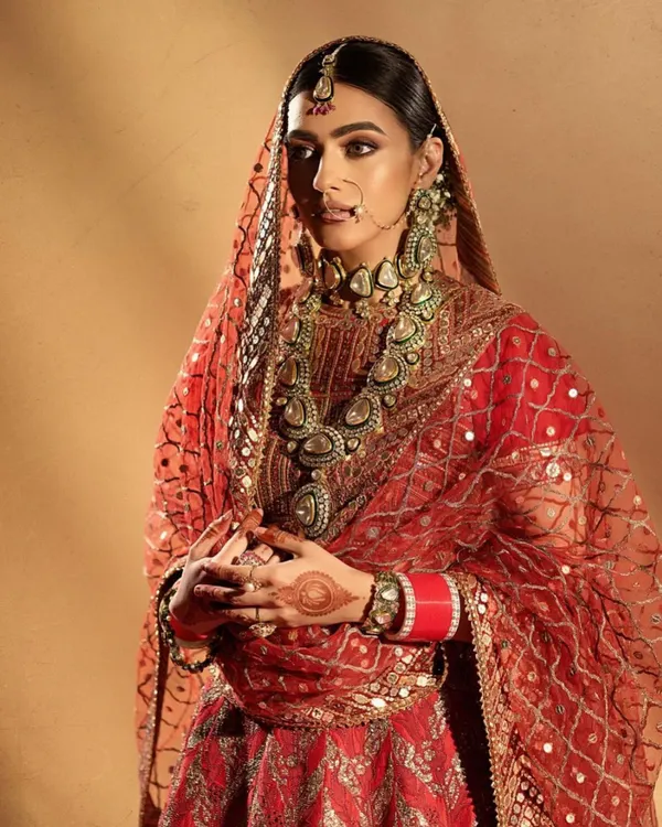 A traditional bridal portrait with a focus on rich, warm tones. The makeup complements the intricate red and gold outfit, featuring defined eyes and a matte-yet-radiant skin finish for a classic, royal look.