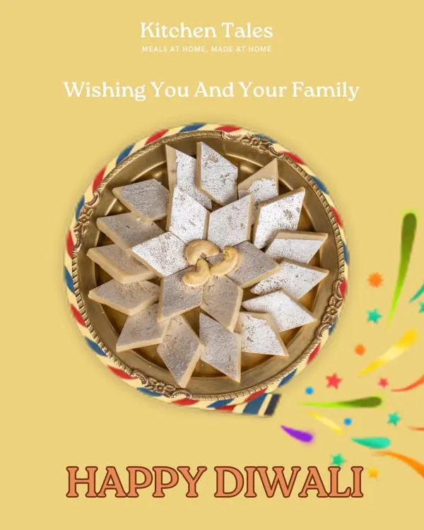 Wishing you a Happy Diwali with our classic Kaju Katli. Made with premium cashews, it's the perfect way to share sweetness and light with your loved ones during the festival.