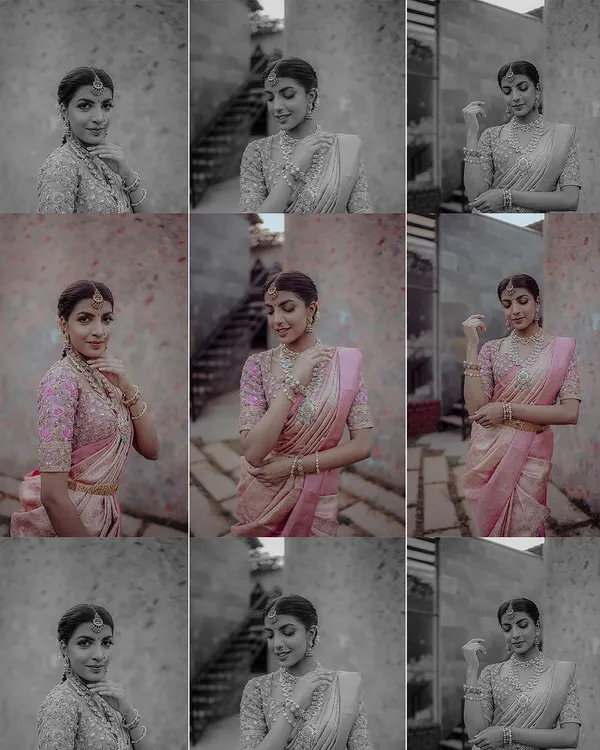 This collage presents a series of poses from a single bridal fashion shoot, showcasing the versatility of the look. It highlights the intricate embroidery on the pink blouse and the elegant drape of the saree.