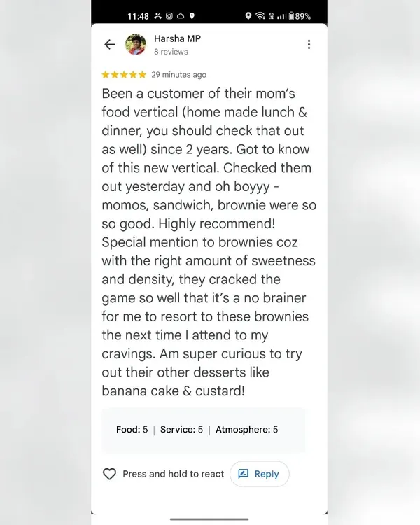 This customer has been with me for two years. It makes me so happy to see my regulars enjoying the food. Your feedback means the world to me.