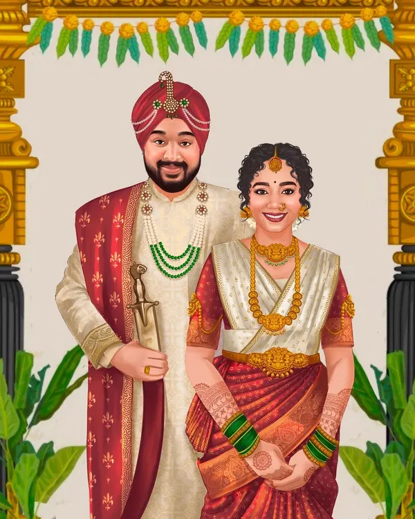 This full-length couple portrait was the centerpiece for a beautiful wedding invitation. I focused on capturing the intricate details of their Sikh and South Indian wedding attire, blending two cultures in one illustration.