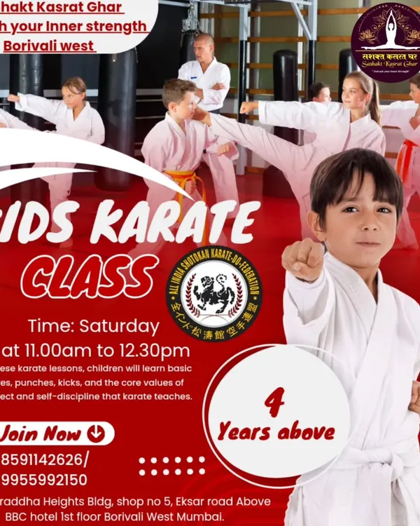 This flyer details our kids' karate classes in Borivali West, open to children 4 years and older. We focus on basic moves, punches, and kicks while instilling the core values of respect and self-discipline that karate teaches.