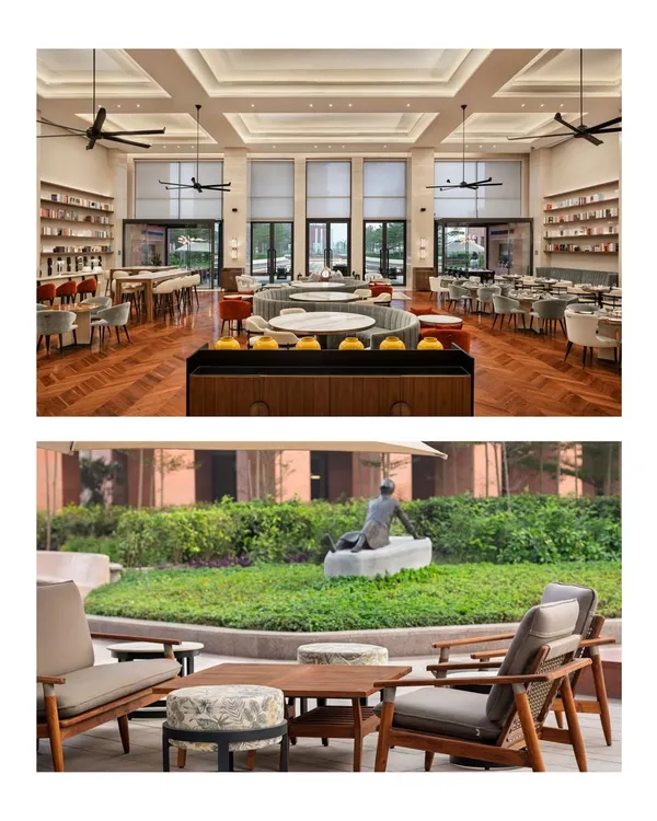 The Elevate Clubhouse in Gurugram seamlessly integrates indoor luxury with serene outdoor spaces. The top image shows the grand dining hall with its high ceilings and refined material palette, while the bottom image reveals a tranquil garden seating area, offering residents a place to connect with nature.