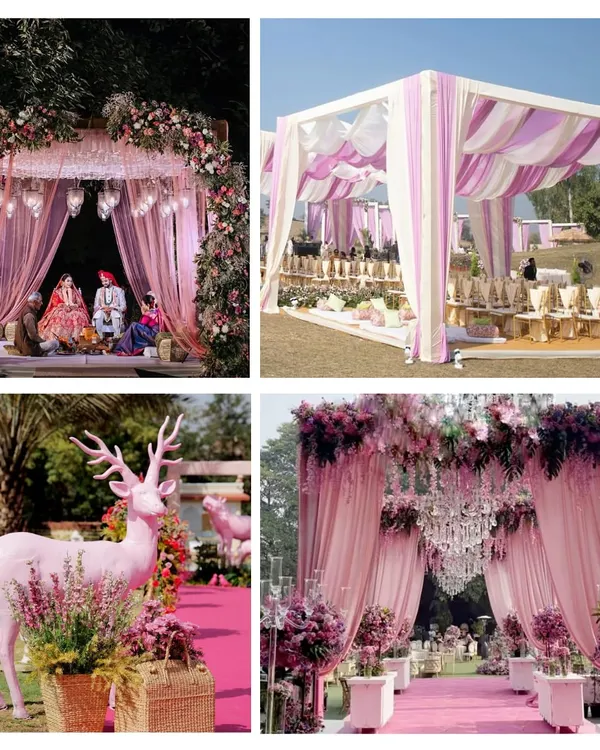 A showcase of my "Pastel & Pink" wedding theme. This includes a romantic mandap with flowing drapes, a whimsical pink deer prop for a touch of fantasy, and elegant guest seating, all in a soft, dreamy color palette.