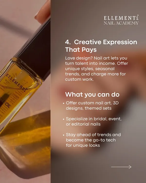 Creative expression that pays. My courses teach you how to turn your talent into income by offering custom nail art, specializing in bridal or editorial nails, and staying ahead of trends.
