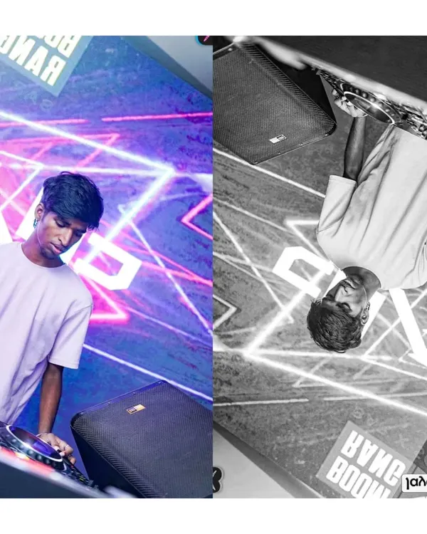 An artistic split-screen edit, playing with color, monochrome, and reflection to create a unique visual.