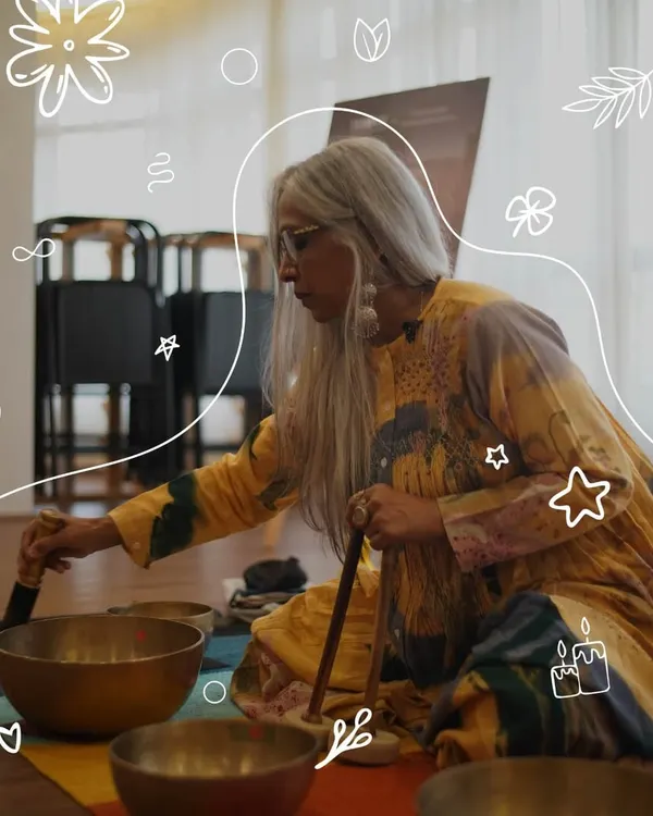 Our sound healing expert, Poonam Dhandhania, plays a Tibetan singing bowl. The sound waves produced are meant to be felt as much as they are heard, guiding you into a meditative state.