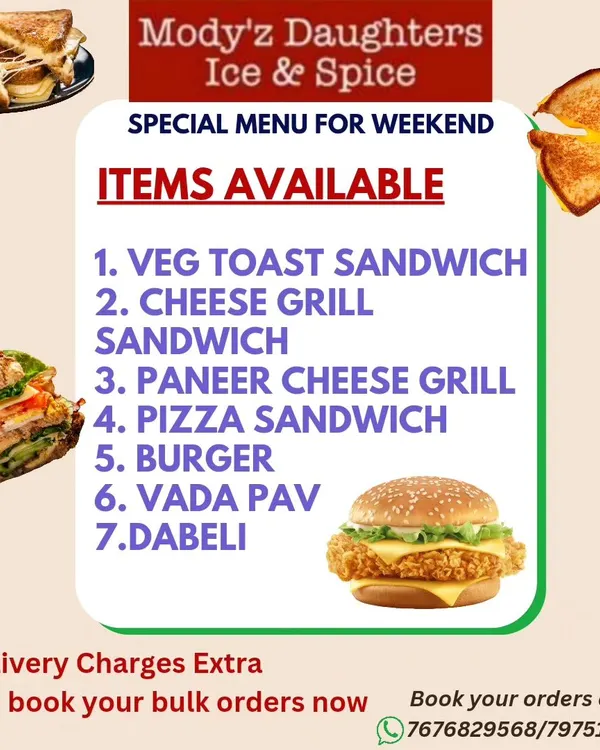 This menu lists my most popular vegetarian snacks and fast food items that are available for order. It includes classics like Veg Toast Sandwiches, Cheese Grill Sandwiches, Burgers, Vada Pav, and Dabeli.