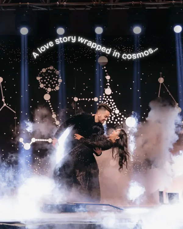 This is what it looks like when a couple's love for the cosmos inspires their Sangeet night. We transformed the venue with a dramatic black decor, twinkling lights, and a custom stage backdrop of zodiac constellations to create a love story wrapped in the stars.