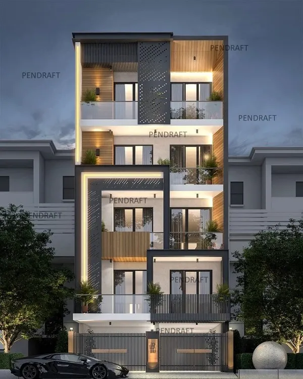 This is a proposed design for an upcoming luxury builder floor in South Delhi. The render showcases how we blend rich wooden textures with intricate metal screens and strategic lighting to enhance the facade's aesthetic appeal and create a modern look.