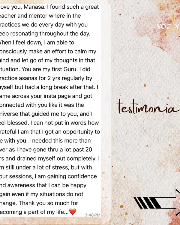 A student shares her journey of finding a guide and mentor in our practice, helping her to consciously calm her mind and regain confidence after years of stress.