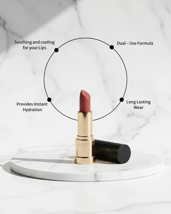 My dual-use tints are designed to be a glow booster that blends color and care. This diagram shows the core benefits: a soothing and cooling feel, instant hydration, long-lasting wear, and a versatile formula for lips and cheeks.