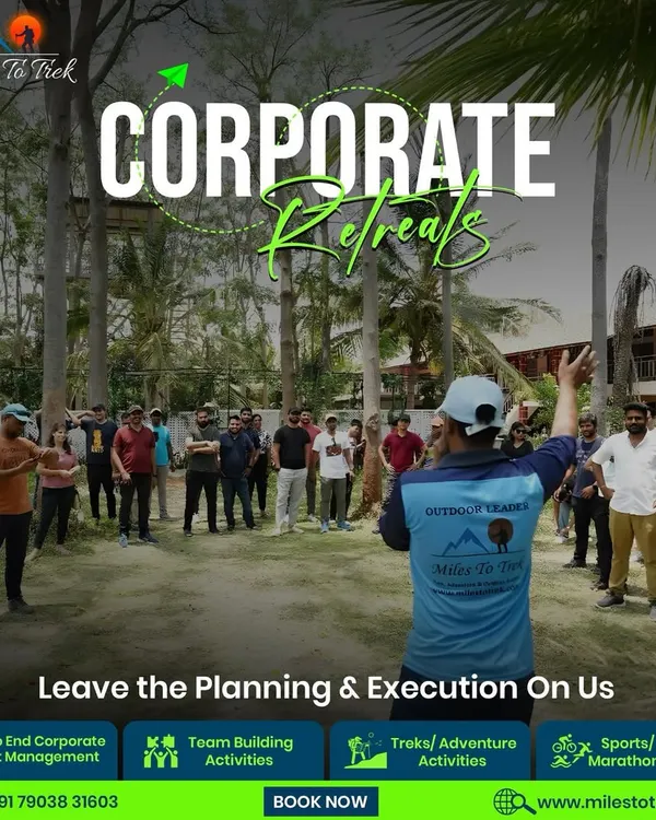 This graphic outlines our core offerings for corporate retreats. We handle everything from planning and execution to a variety of activities like team building, treks, and sports.