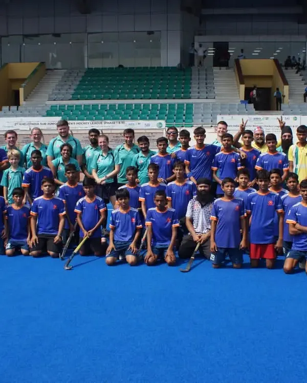 My players and a visiting team from Salute Hockey Academy pose together at a brilliant venue in Delhi. These friendly matches are great for building experience and sportsmanship.