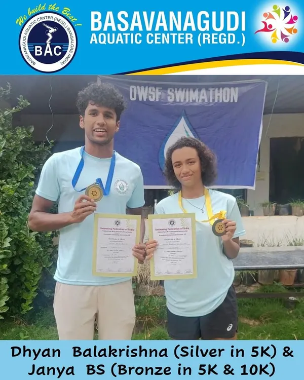 Our open water champions, Dhyan Balakrishna and Janya B.S., after their podium finishes at the SFI National Open Water Swimming Championships. Dhyan secured silver in the 5K, while Janya won bronze in both the 5K and 10K races.