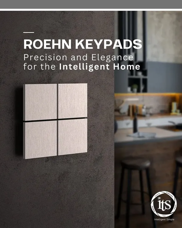 An introduction to Roehn Keypads, showcasing the minimalist ION keypad on a textured wall. This is where precision engineering and elegant design meet for the intelligent home.