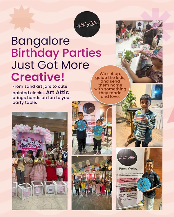 Bangalore birthday parties just got a whole lot more creative! From sand art jars to painted clocks, I bring the hands-on fun right to your party table, so every child leaves with a masterpiece they made and love.