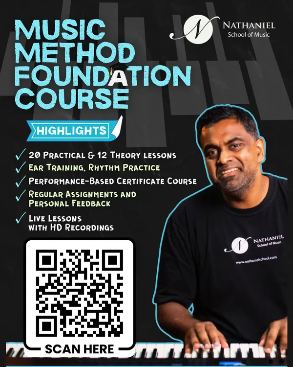 This graphic outlines the key highlights of our Music Method Foundation Course. It's a performance-based certificate program that includes 20 practical and 12 theory lessons, ear training, regular assignments with personal feedback, and HD recordings of every live lesson to support your learning.