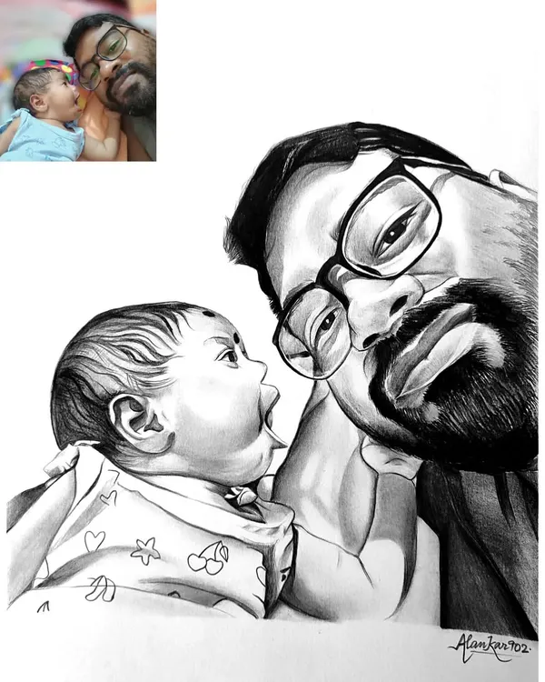 A heartwarming black and white portrait of a father and his baby daughter. I used graphite and charcoal to capture this tender moment from a selfie, focusing on the emotion and connection between them.