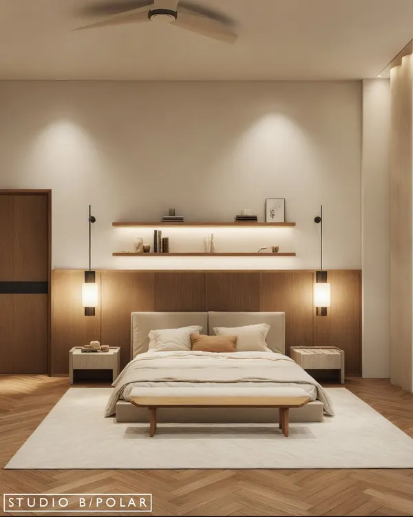 This bedroom in our Kangra project features a clean, modern design with a focus on warm wood tones. A long wooden ledge behind the bed provides space for decor and is complemented by elegant pendant lights.