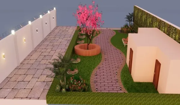 This is a 3D design concept for a residential garden. It shows the layout of the stone patio, lawn, pathways, and a feature tree with circular seating.