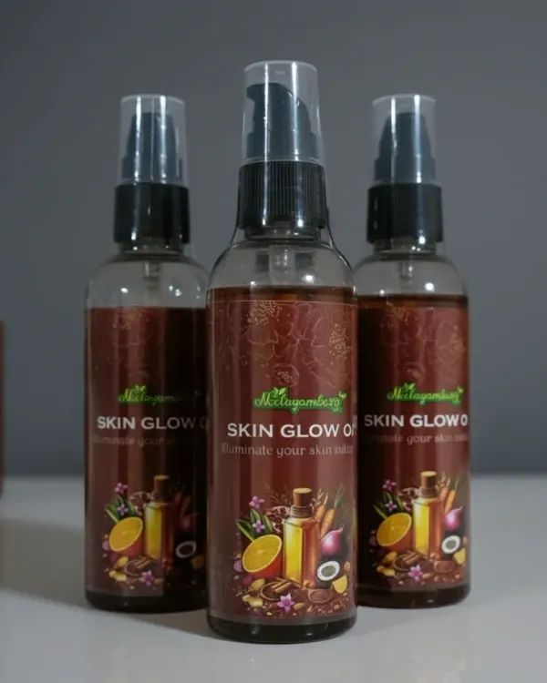 This is my Skin Glow Oil, a secret to radiant skin. It's an Ayurvedic mix of red sandalwood, manjistha, carrot, and saffron. It helps with dullness, pigmentation, and sun tan without feeling sticky.