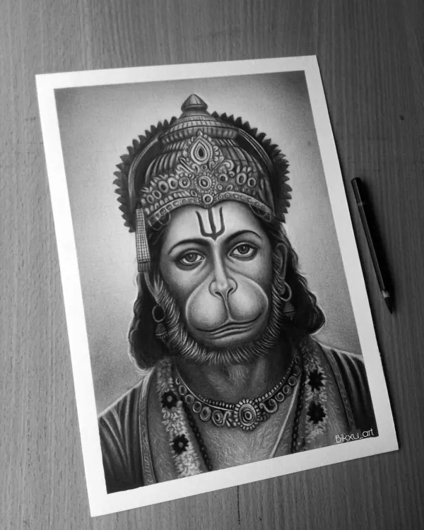 My finished drawing of Lord Hanuman. I focused on giving him a powerful yet serene expression.