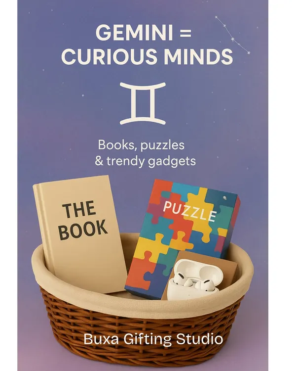 An idea for a Gemini, the curious mind. A hamper with books, puzzles, and trendy gadgets to keep them engaged.