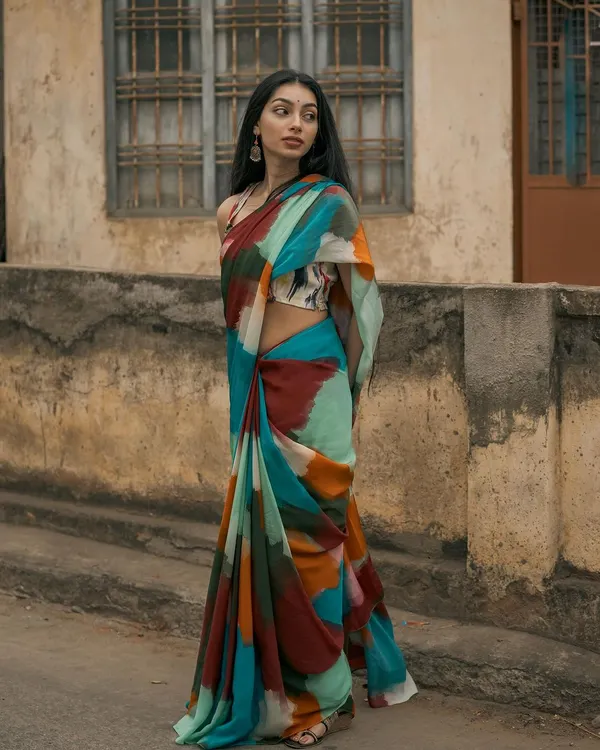 Modeling this vibrant, multi-colored saree was all about capturing its playful and artistic energy. The fluid drape and bold patterns are perfect for brands looking for a modern yet ethnic appeal.