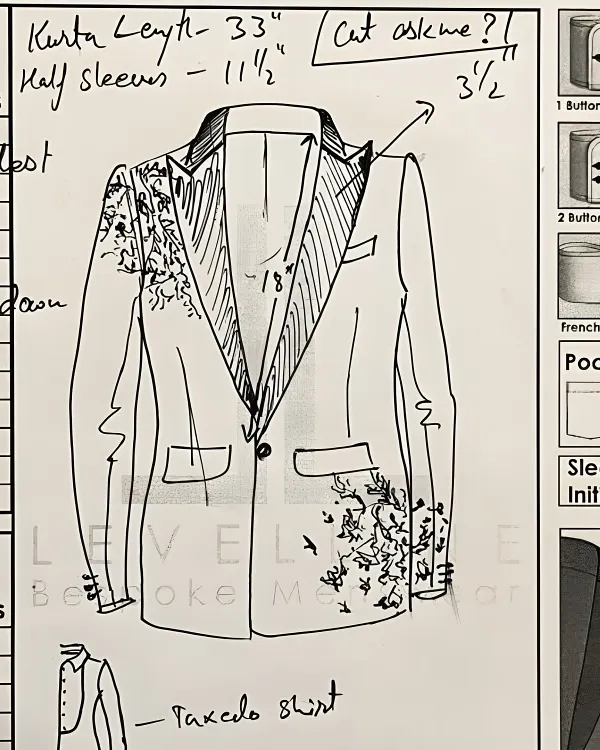 Every bespoke piece begins with a vision. Here is the initial sketch for a client's custom tuxedo shirt and embroidered jacket, where we map out the design, measurements, and unique details before a single thread is cut.