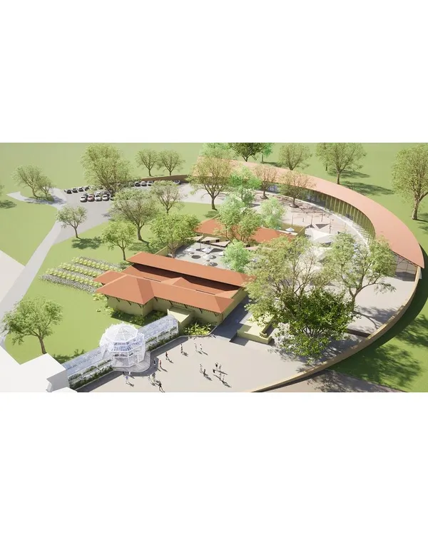 An aerial visualization of our adaptive reuse plan for an 18th-century palace precinct. The design introduces a new circular structure that organizes the space, connecting a restored glass house and stables with new public plazas and green areas.