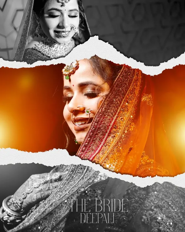 An example of a creative album layout for a bridal portrait. I combine color and black and white images with a modern torn-paper effect to create a dynamic and artistic page.