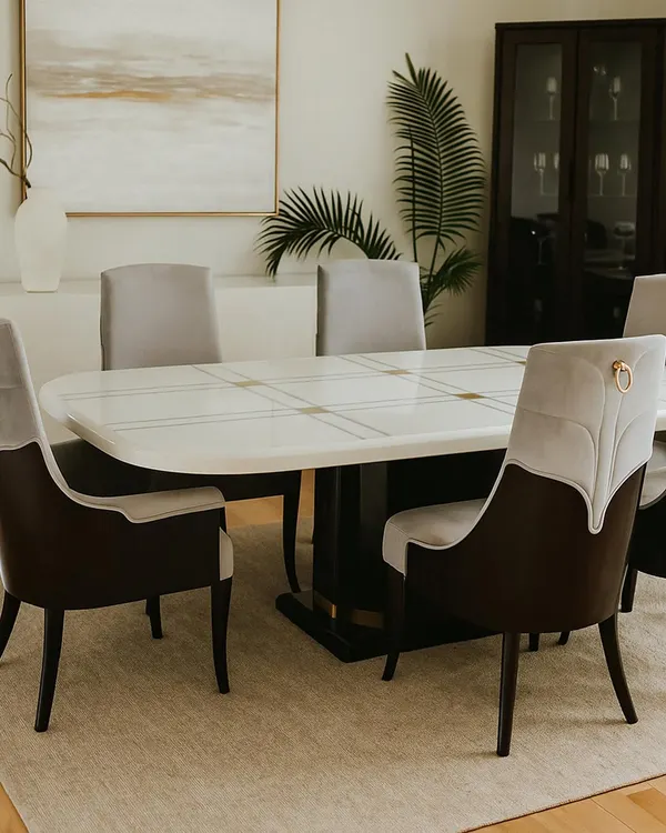 This is a full view of one of my signature dining collections in a beautifully styled room. The set includes a table with a polished white top and brass accents, paired with elegant dual-fabric chairs.
