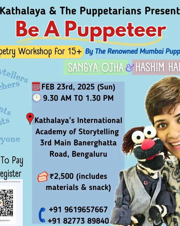 A poster for a unique "Be A Puppeteer" workshop hosted at Kathalaya, featuring renowned Mumbai puppeteers. We believe in bringing diverse art forms together.