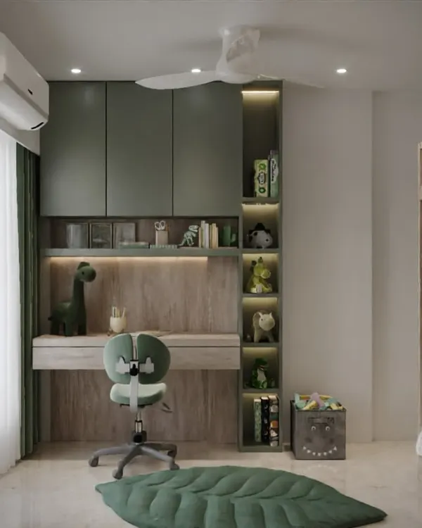 A fun and functional study area for a dinosaur-loving child. The design incorporates a built-in desk with open, backlit shelves perfect for displaying toys and books, all in a cool sage green theme.