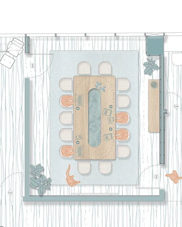 A detailed floor plan for a 5,800 sq ft office in Prabhadevi, illustrating the layout of a large boardroom. We focus on creating a natural flow and clear zoning to support different work modes, from large group meetings to individual tasks.