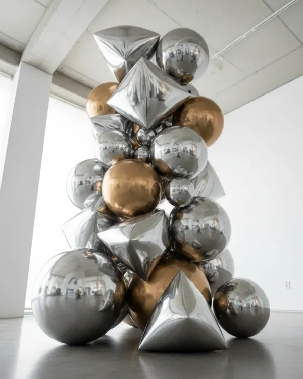 For a modern and artistic touch, I create custom balloon sculptures like this one. The mix of metallic silver and gold balloons in geometric and spherical shapes makes for a sophisticated and high-end decor piece, perfect for a chic wedding reception.