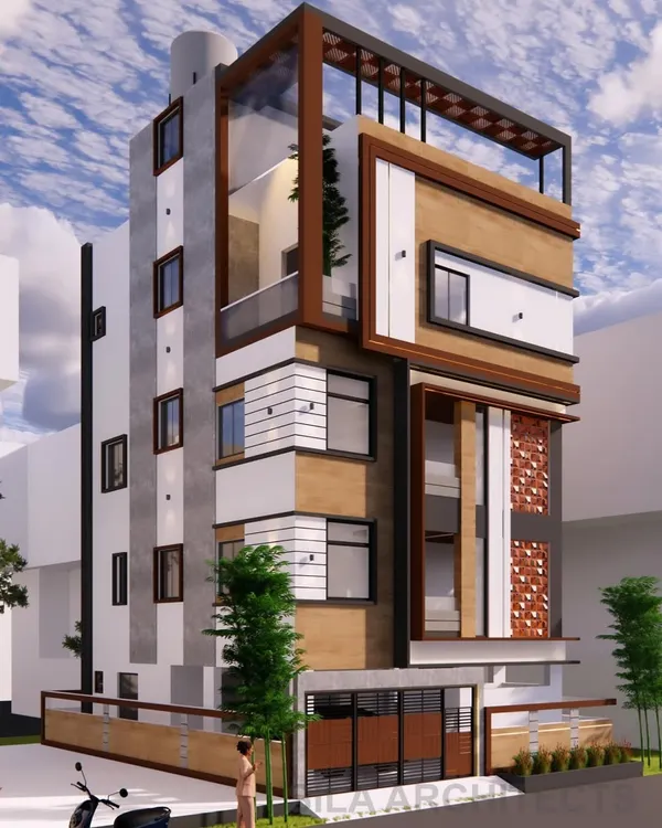 A 3D elevation concept for a modern duplex house in Yelahanka. This design explores a mix of materials, including wood-finish panels, textured paint, and decorative jaali screens.