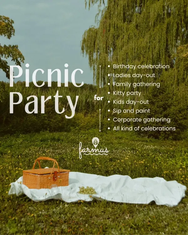 An inviting image of a picnic blanket and basket in our green field, listing the many types of gatherings we host.