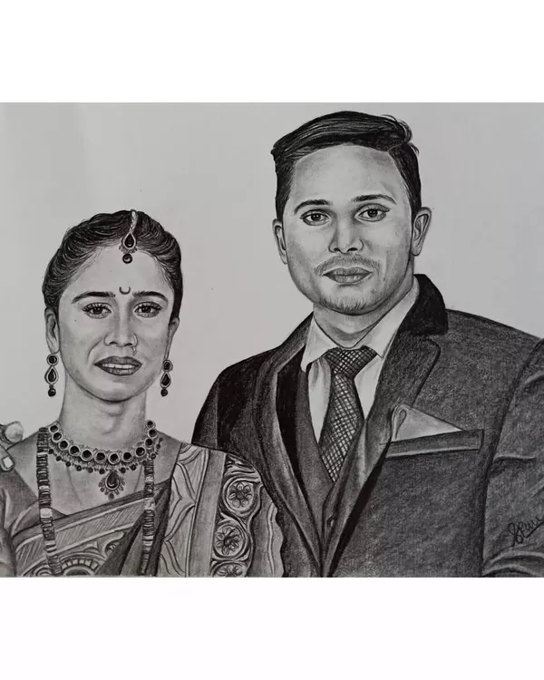 A custom A4 couple portrait capturing a special moment. This piece is ideal for an anniversary gift, showcasing the couple in both traditional and formal wear.