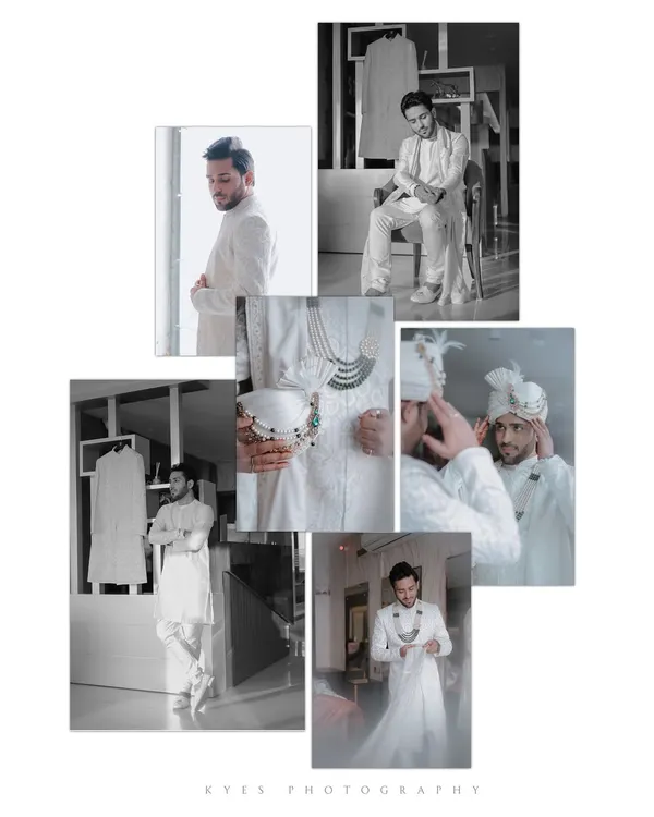 A collage showing the groom's getting-ready process in timeless black and white. From adjusting his sherwani to tying his safa, this series captures the quiet moments of preparation.