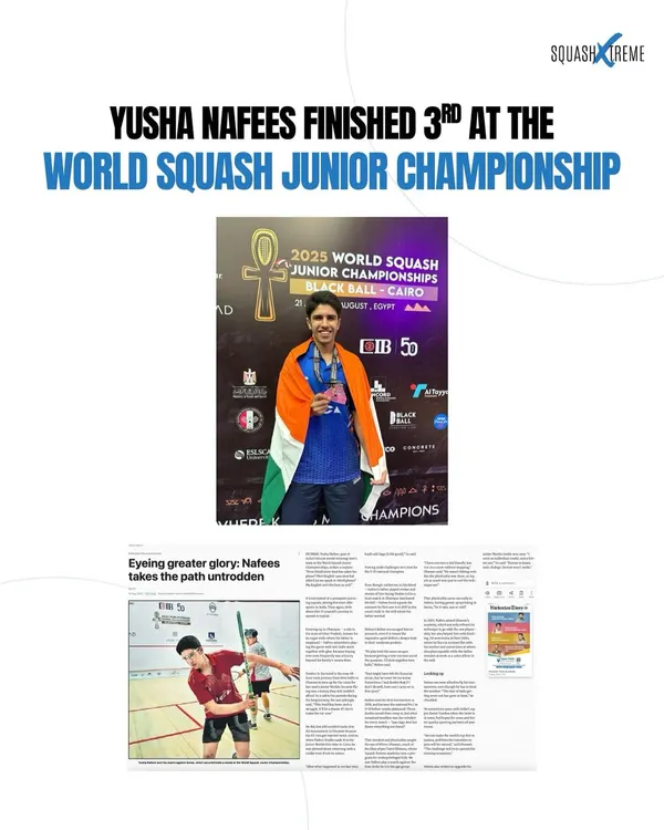 The ultimate goal: representing India on the world stage. We are incredibly proud of Yusha Nafees for his 3rd place finish at the World Squash Junior Championship, a historic achievement for our academy and a result of his relentless hard work.