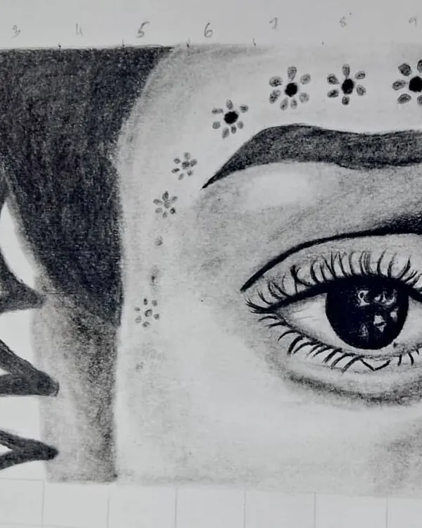 A detailed close-up of a student's pencil portrait exercise. This work showcases techniques for shading skin, rendering realistic eye reflections, and drawing intricate details with graphite.