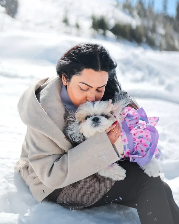 A moment of pure love and comfort, as a dog mom kisses her adorable Shih Tzu baby in the snow.